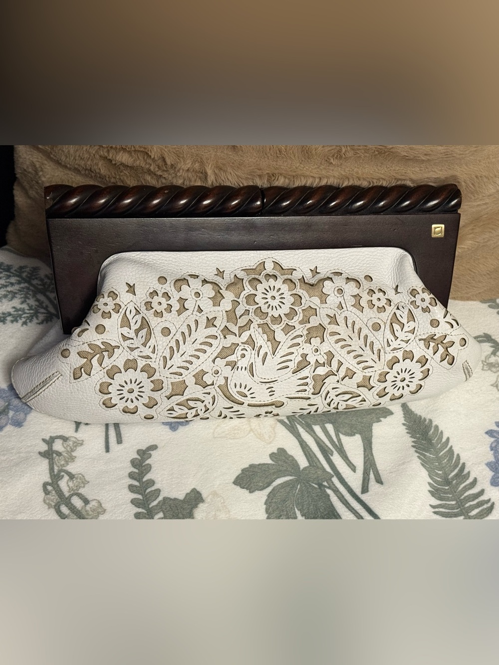 VTG RAFE NEW YORK White Leather & Wood Cutout Laser Floral Bird Clutch Bag